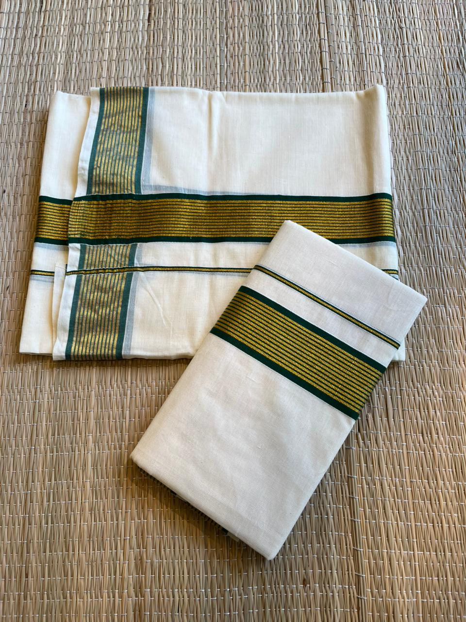 Kerala Cotton Single Set Mundu With Green And Golden Kasavu Border (2.80 mtrs) SL413