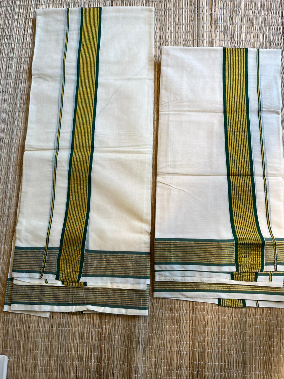 Kerala Cotton Single Set Mundu With Green And Golden Kasavu Border (2.80 mtrs) SL413