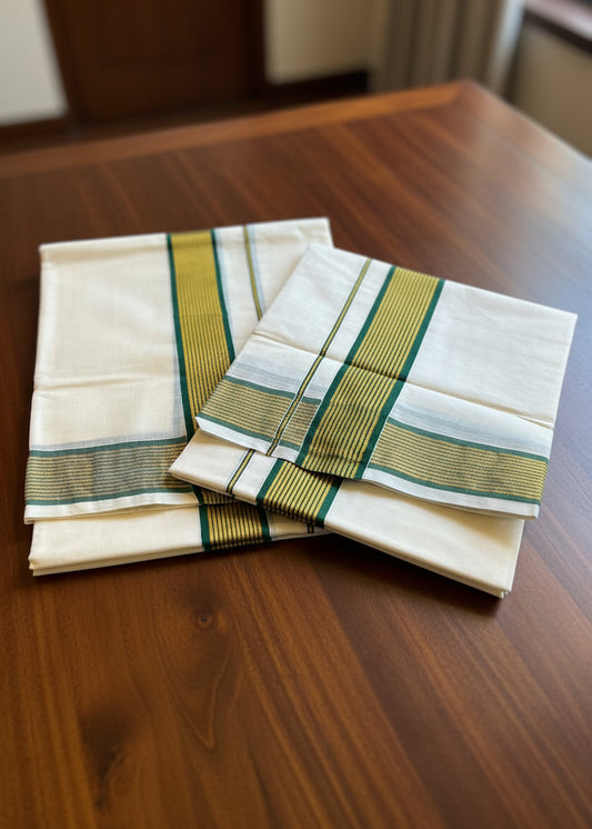 Kerala Cotton Single Set Mundu With Green And Golden Kasavu Border (2.80 mtrs) SL413