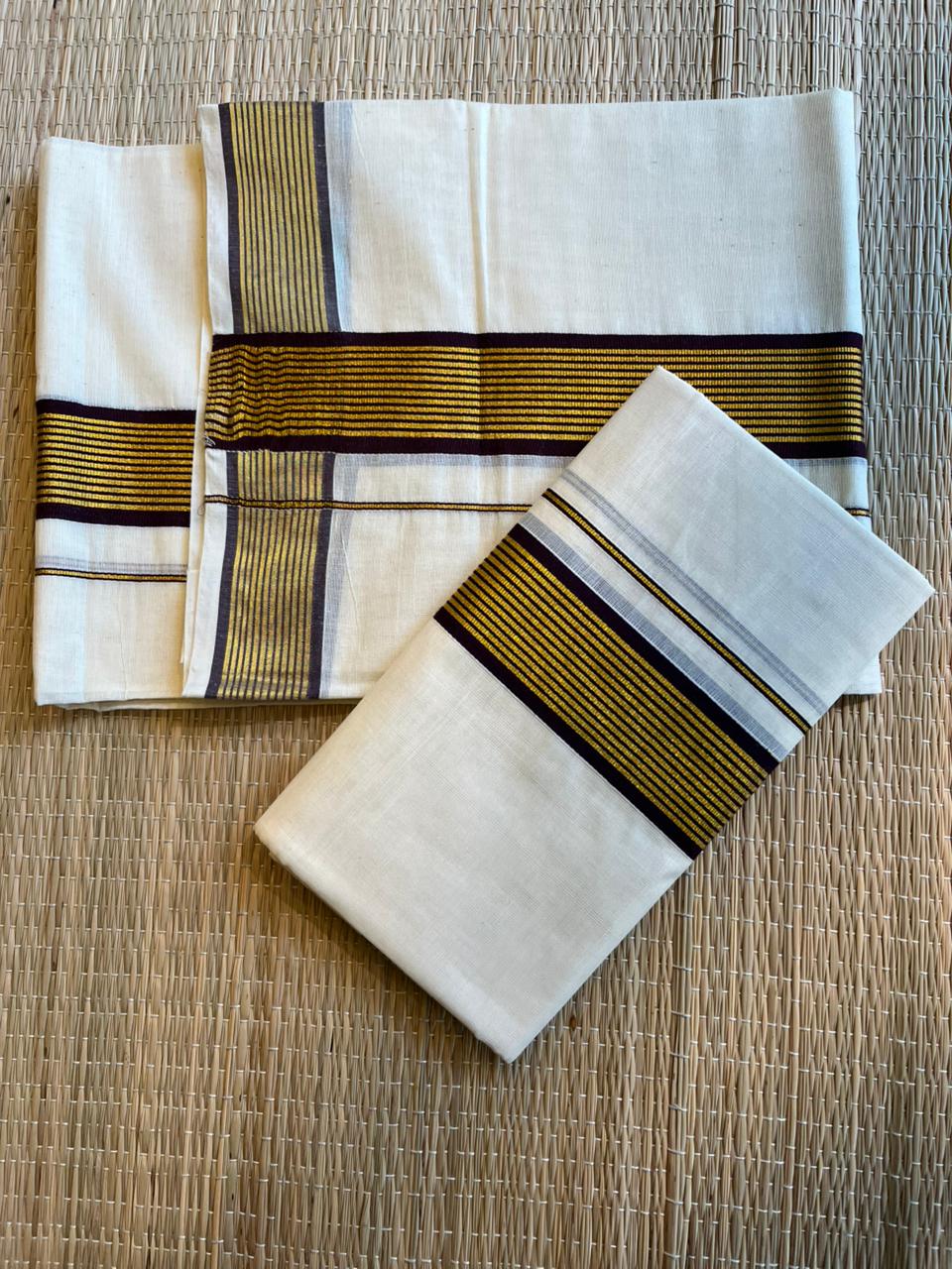 Kerala Cotton Single Set Mundu With  Purple And Golden Kasavu Border (2.80 mtrs) SL413