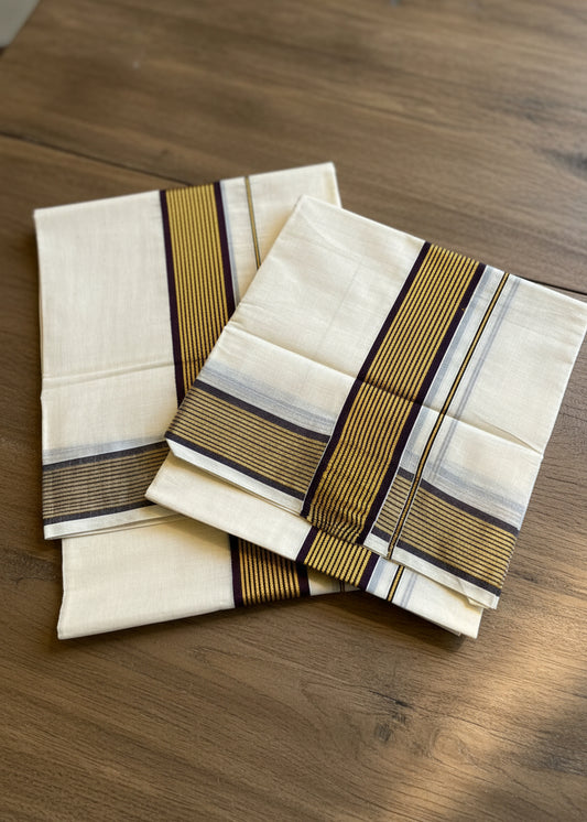 Kerala Cotton Single Set Mundu With  Purple And Golden Kasavu Border (2.80 mtrs) SL413