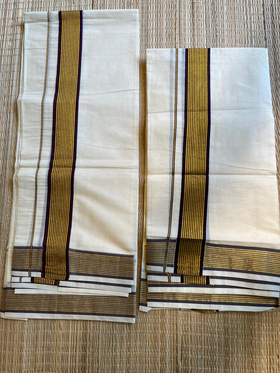 Kerala Cotton Single Set Mundu With  Purple And Golden Kasavu Border (2.80 mtrs) SL413