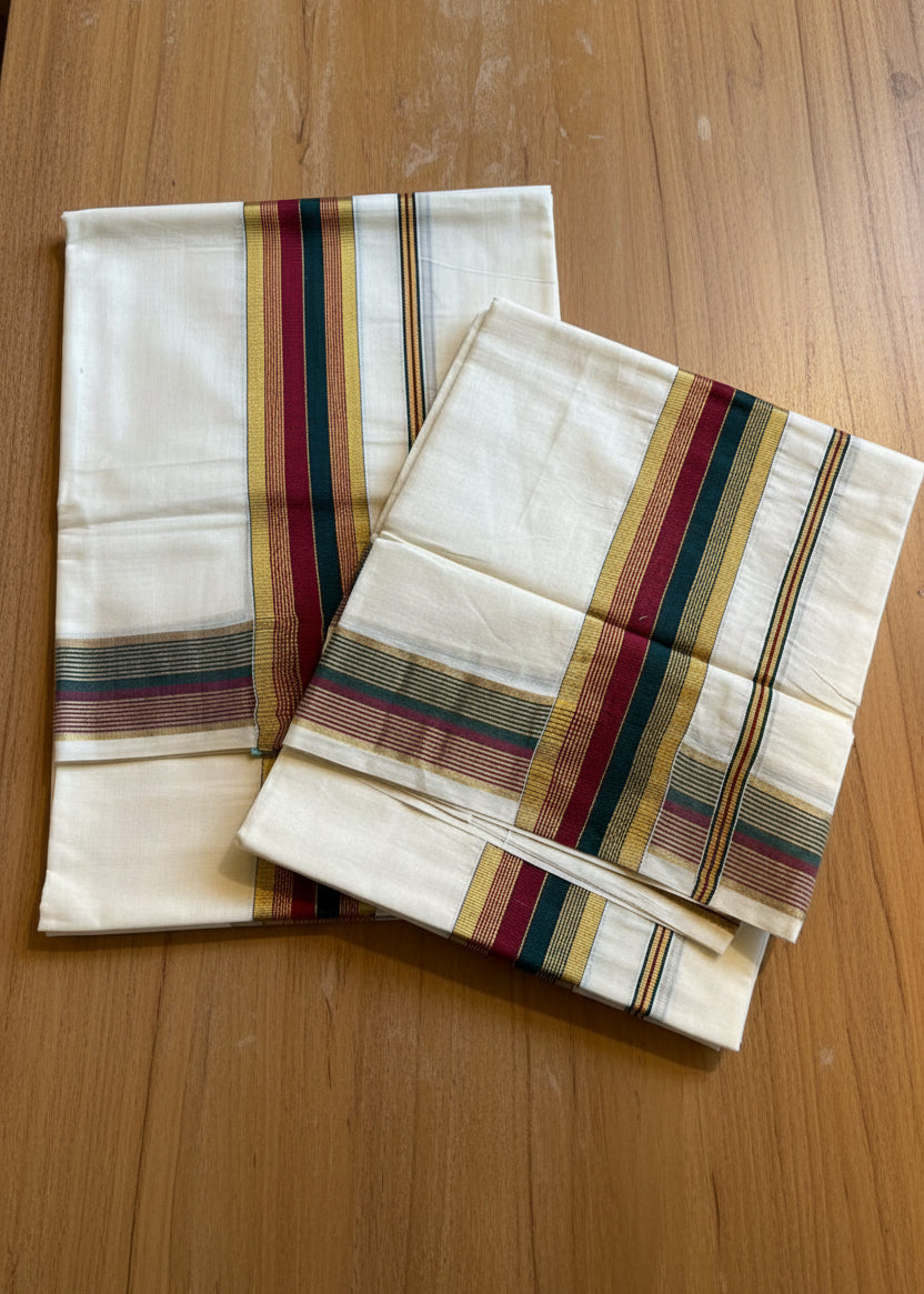 Kerala Cotton Golden Kasavu With Green & Maroon Kara Single Set Mundu (2.80 mtrs) SL420