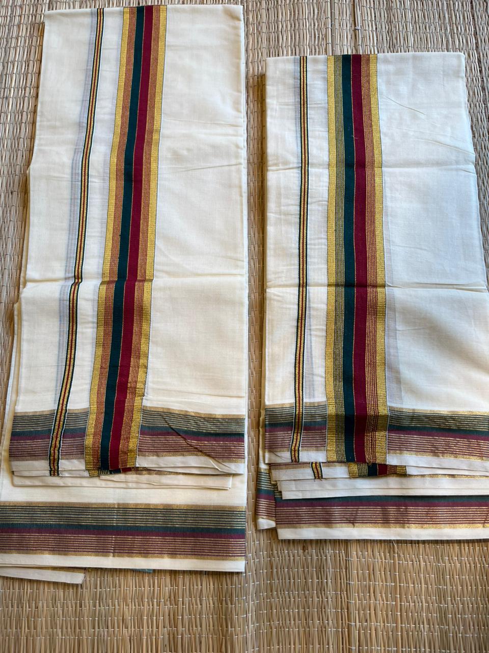 Kerala Cotton Golden Kasavu With Green & Maroon Kara Single Set Mundu (2.80 mtrs) SL420
