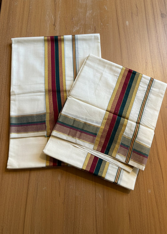Kerala Cotton Golden Kasavu With Green & Maroon Kara Single Set Mundu (2.80 mtrs) SL419