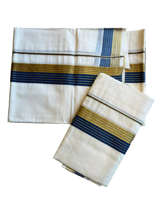 Kerala Cotton Golden Kasavu With Blue Colour Kara Single Set Mundu (2.80 mtrs) SL421