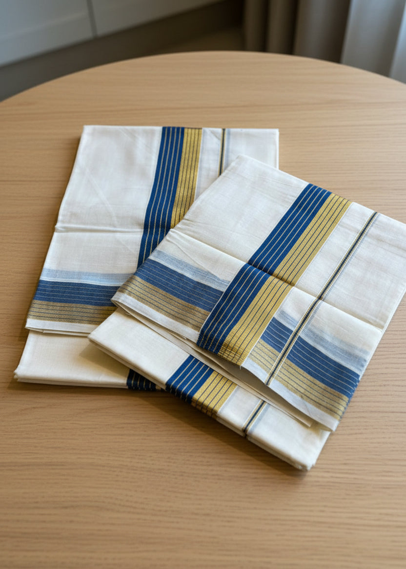 Kerala Cotton Golden Kasavu With Blue Colour Kara Single Set Mundu (2.80 mtrs) SL421