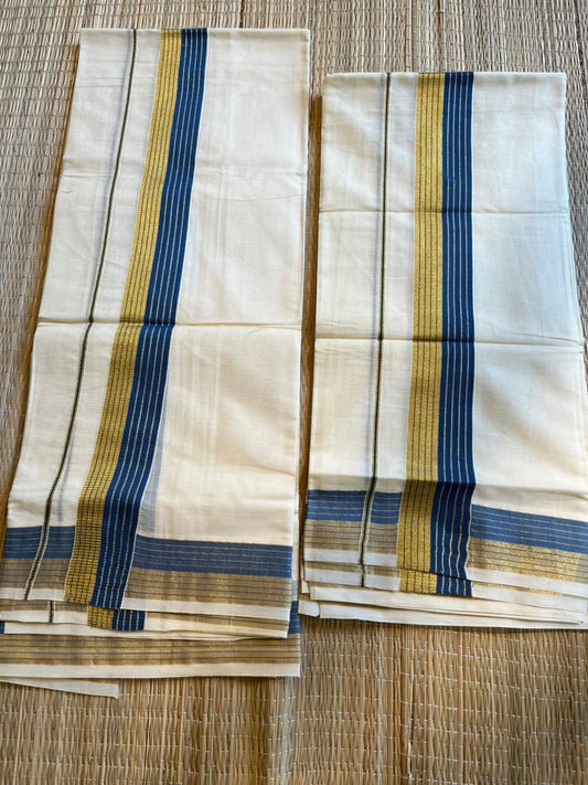 Kerala Cotton Golden Kasavu With Blue Colour Kara Single Set Mundu (2.80 mtrs) SL421