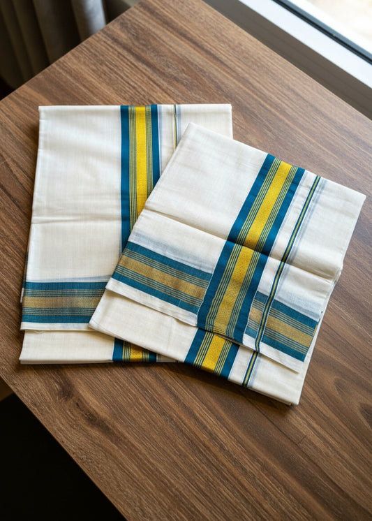 Kerala Cotton Blue Colour Kara With Golden Kasavu Single Set Mundu (2.80 mtrs) SL422