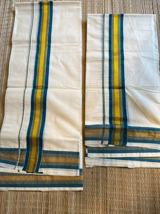 Kerala Cotton Blue Colour Kara With Golden Kasavu Single Set Mundu (2.80 mtrs) SL422