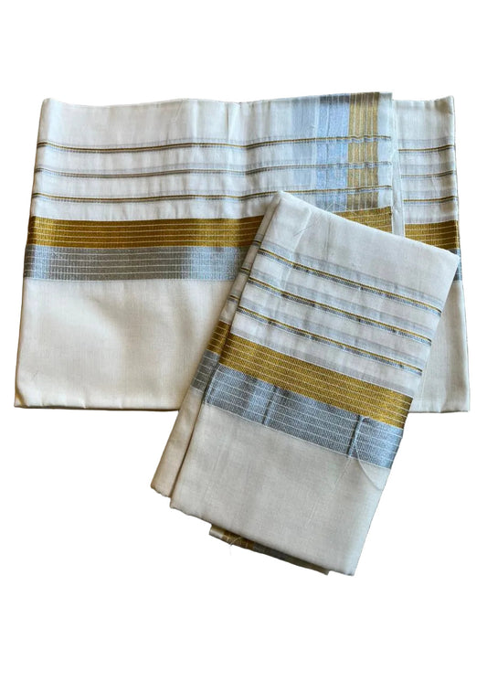 Kerala Cotton Silver and Gold Lines Set Mundu 2.80 mtrs SL417