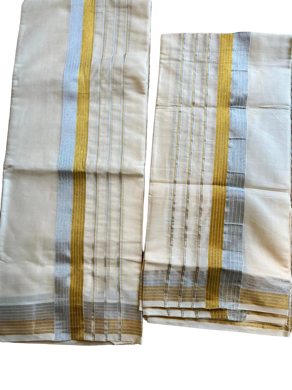 Kerala Cotton Silver and Gold Lines Set Mundu 2.80 mtrs SL417