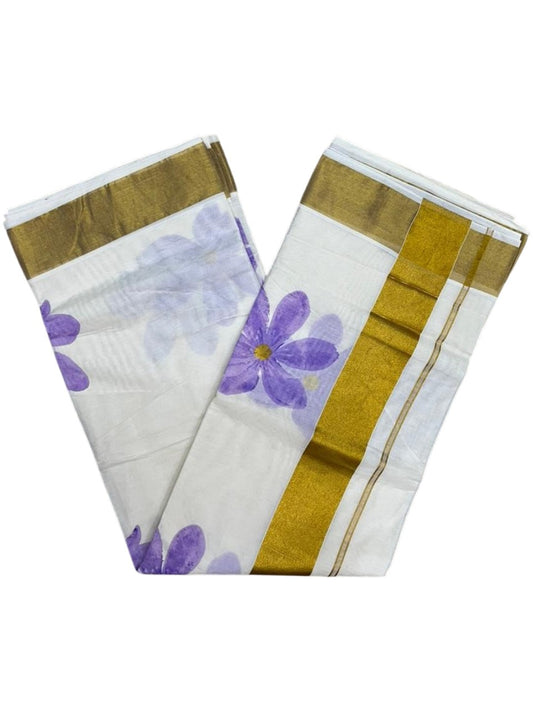 Southloom Cotton Kerala Kasavu Saree with Floral Digital Print on Body in Lavender