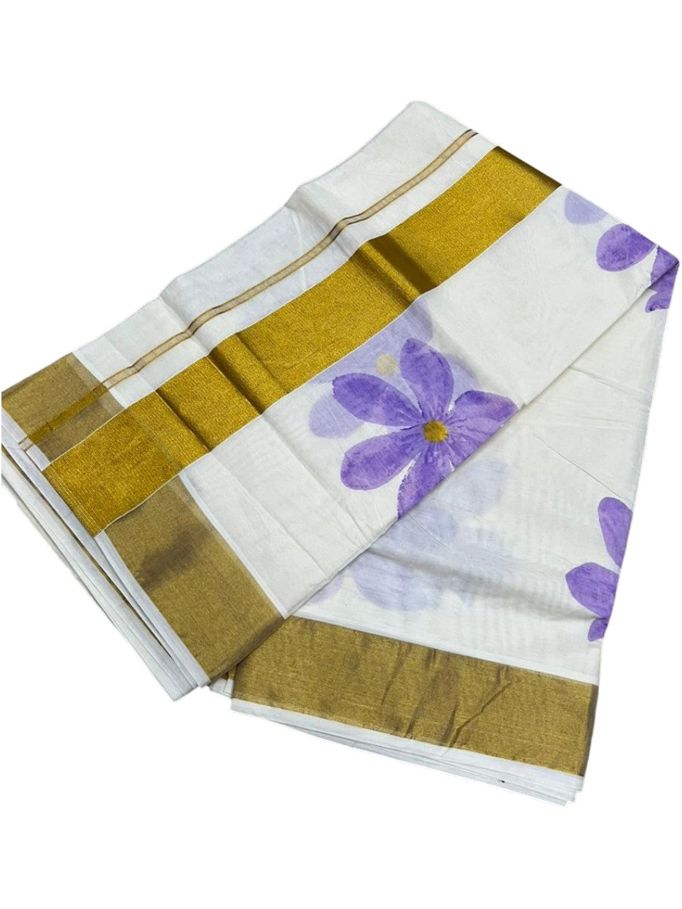 Southloom Cotton Kerala Kasavu Saree with Floral Digital Print on Body in Lavender SL476
