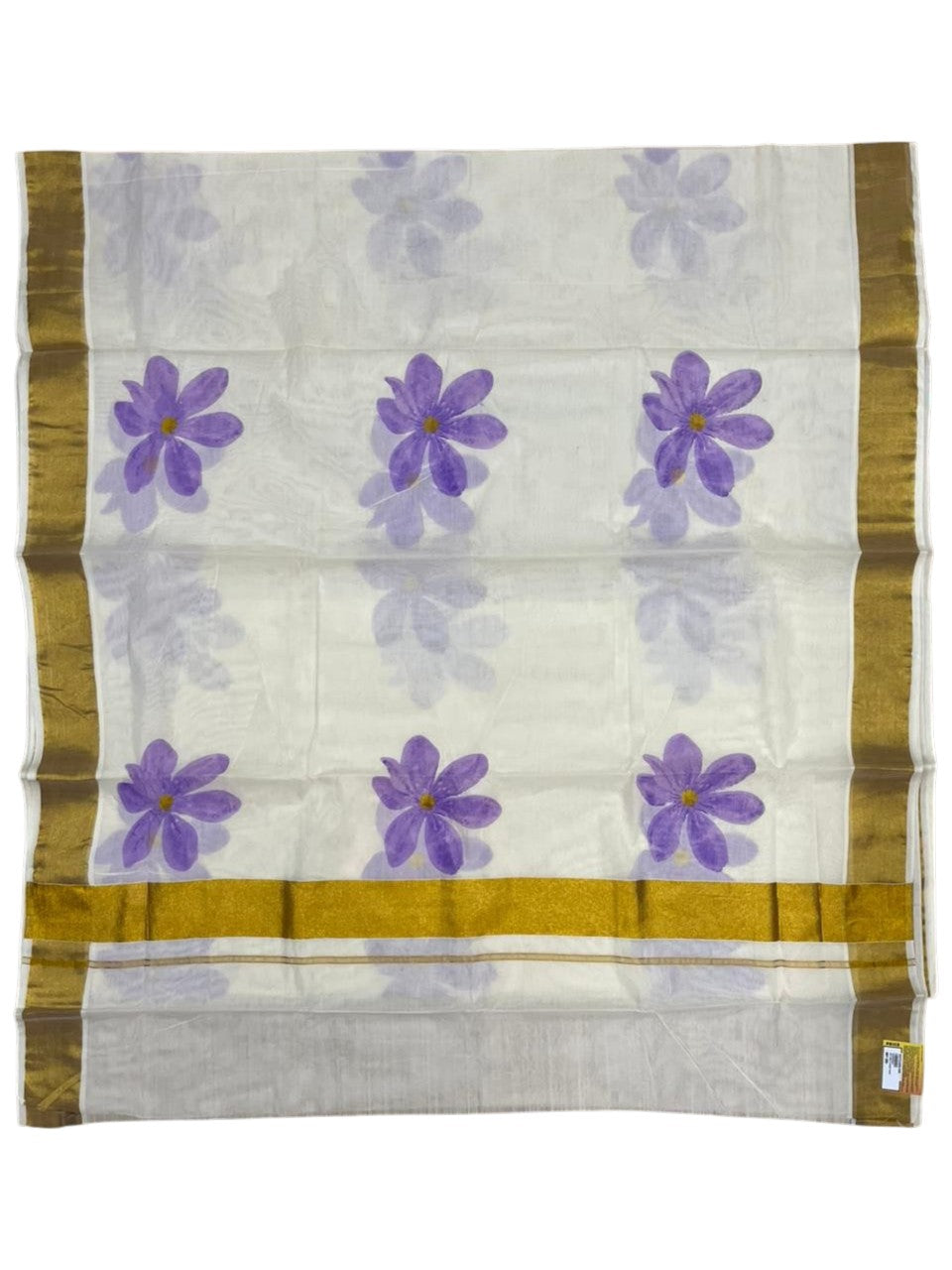 Southloom Cotton Kerala Kasavu Saree with Floral Digital Print on Body in Lavender SL476