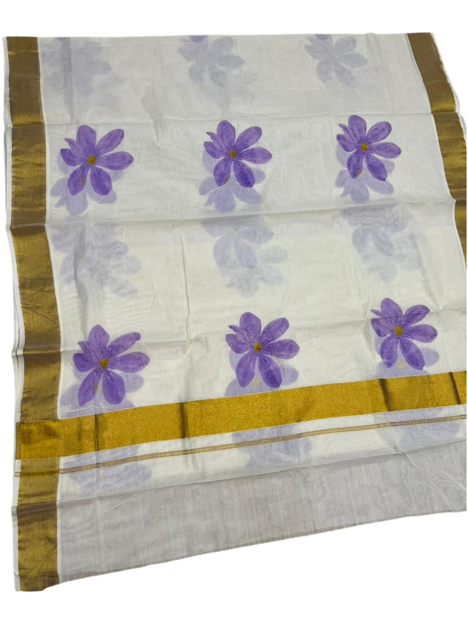 Southloom Cotton Kerala Kasavu Saree with Floral Digital Print on Body in Lavender SL476