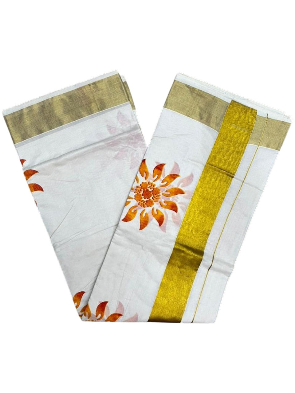 Southloom Cotton Kerala Kasavu Saree with Floral Digital Print on Body SL476