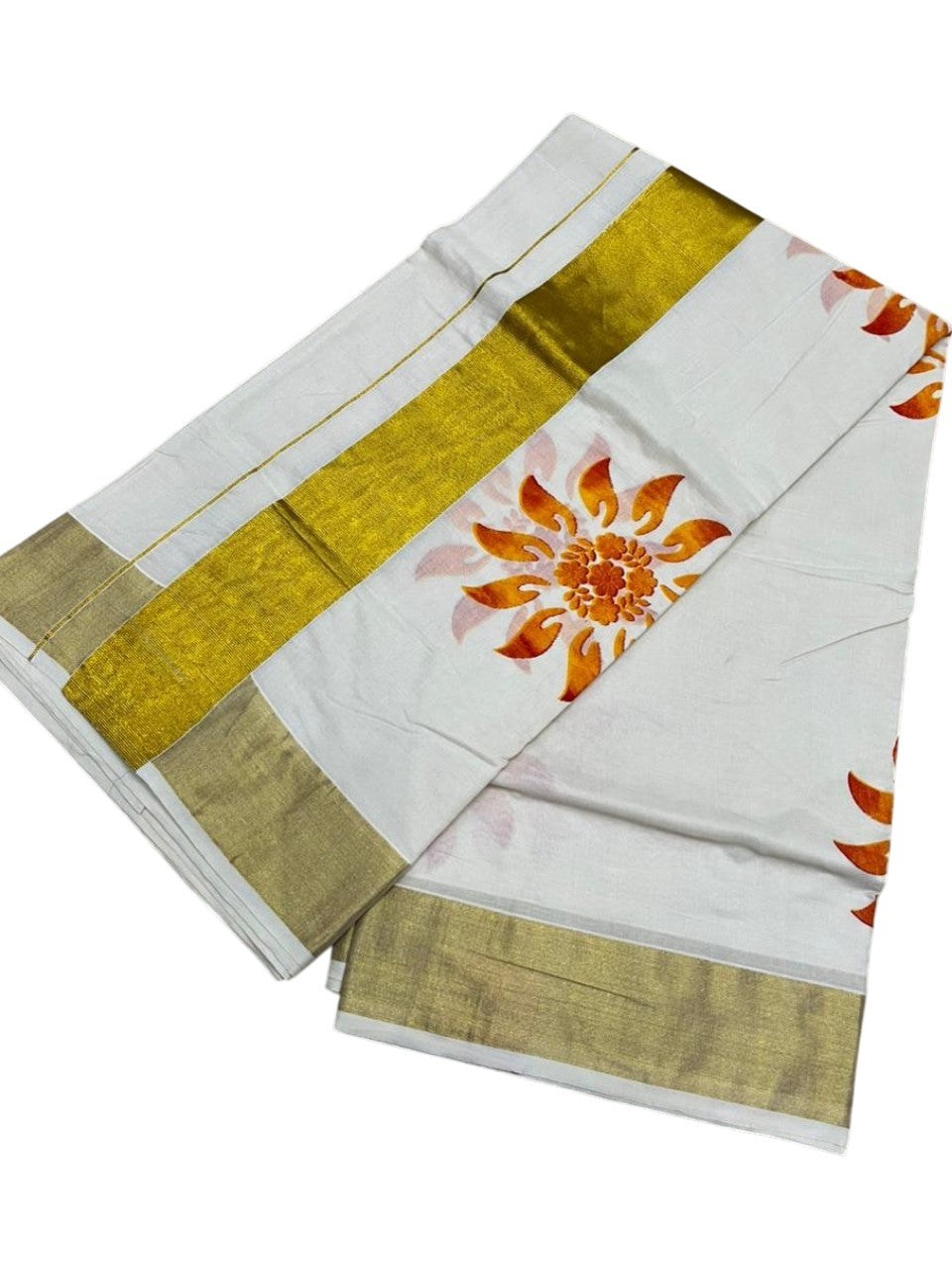 Southloom Cotton Kerala Kasavu Saree with Floral Digital Print on Body SL476