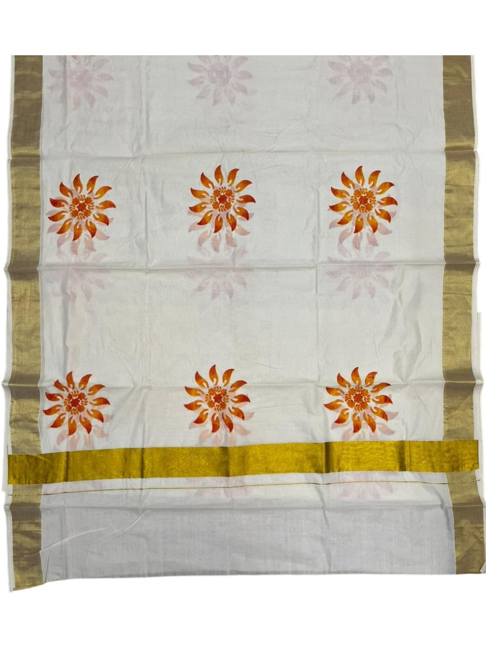 Southloom Cotton Kerala Kasavu Saree with Floral Digital Print on Body SL476