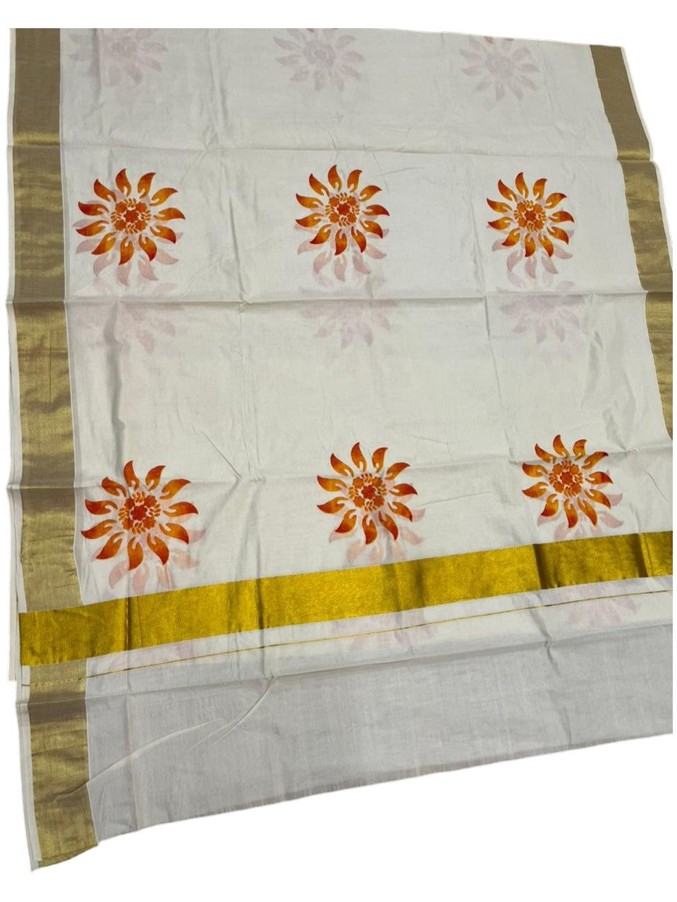 Southloom Cotton Kerala Kasavu Saree with Floral Digital Print on Body SL476