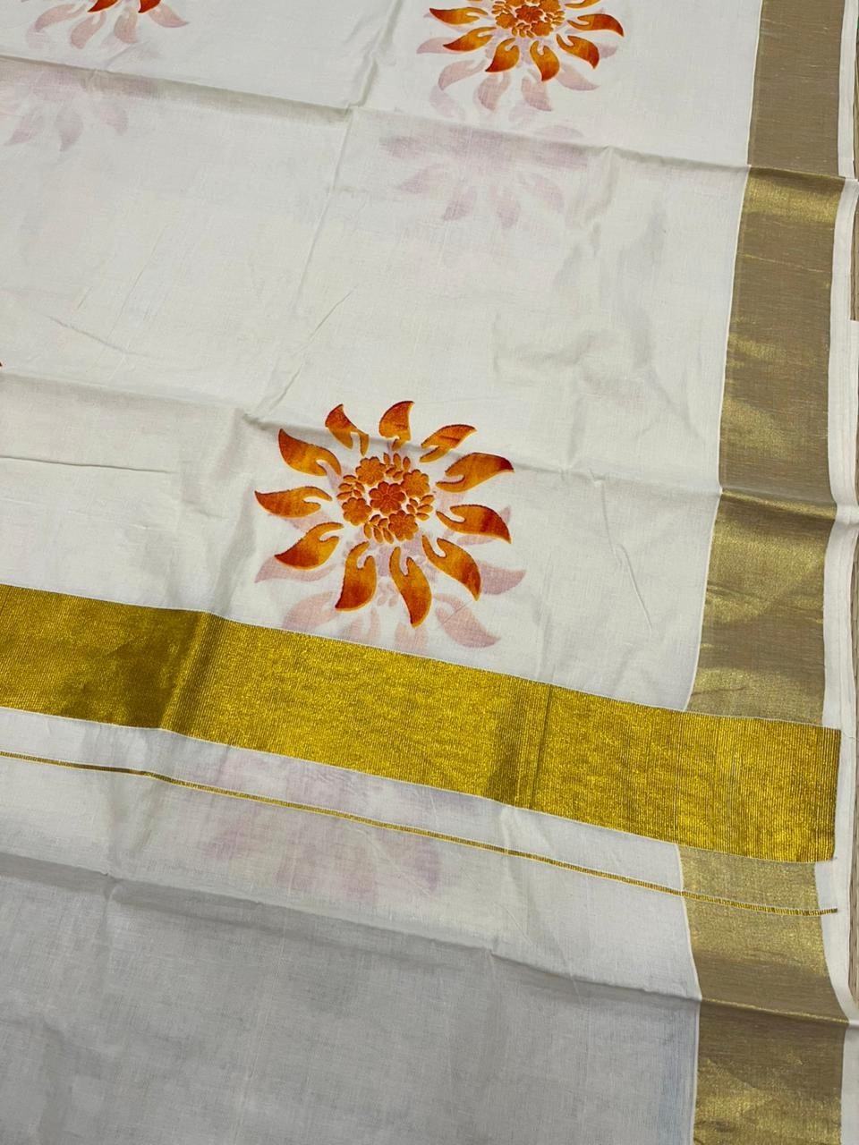Southloom Cotton Kerala Kasavu Saree with Floral Digital Print on Body SL476