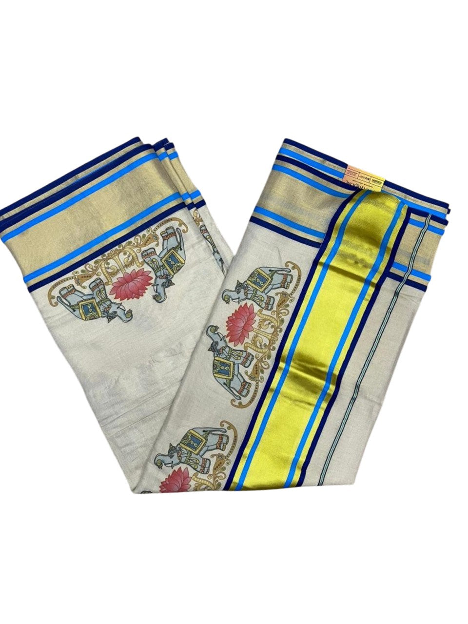 Southloom Kerala Tissue Kasavu Saree with Elephant and Lotus Digital Prints on Border SL428