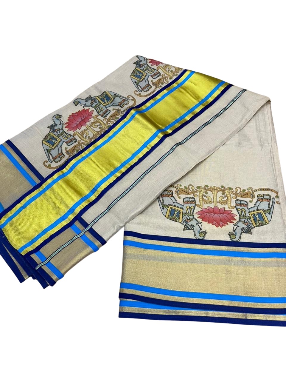 Southloom Kerala Tissue Kasavu Saree with Elephant and Lotus Digital Prints on Border SL428