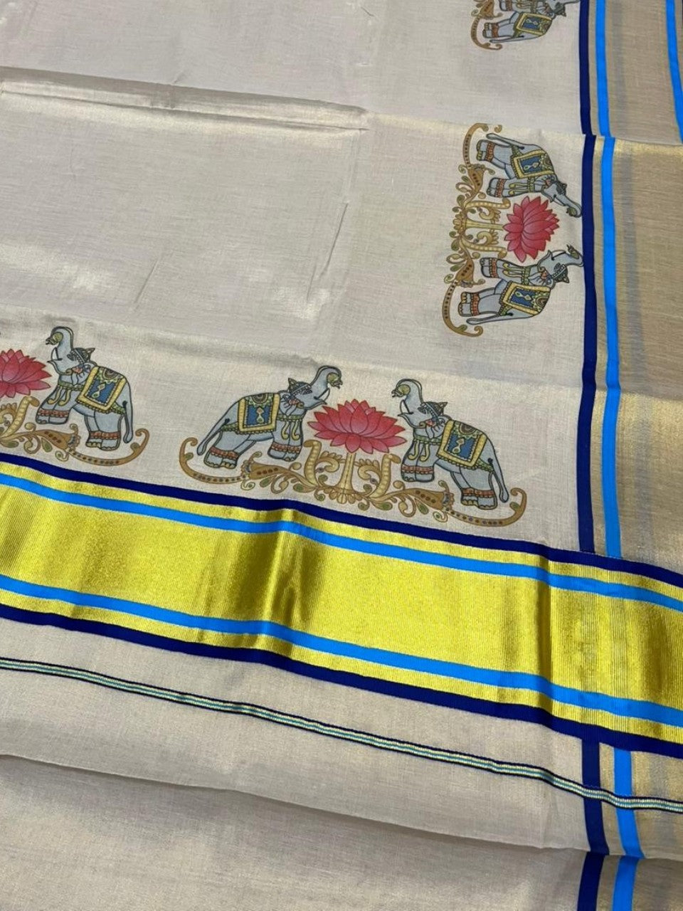 Southloom Kerala Tissue Kasavu Saree with Elephant and Lotus Digital Prints on Border SL428