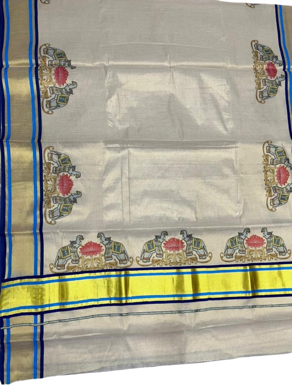 Southloom Kerala Tissue Kasavu Saree with Elephant and Lotus Digital Prints on Border SL428