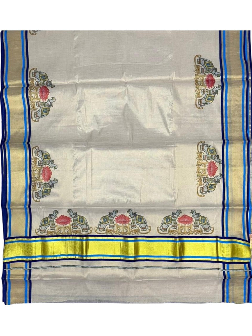 Southloom Kerala Tissue Kasavu Saree with Elephant and Lotus Digital Prints on Border SL428