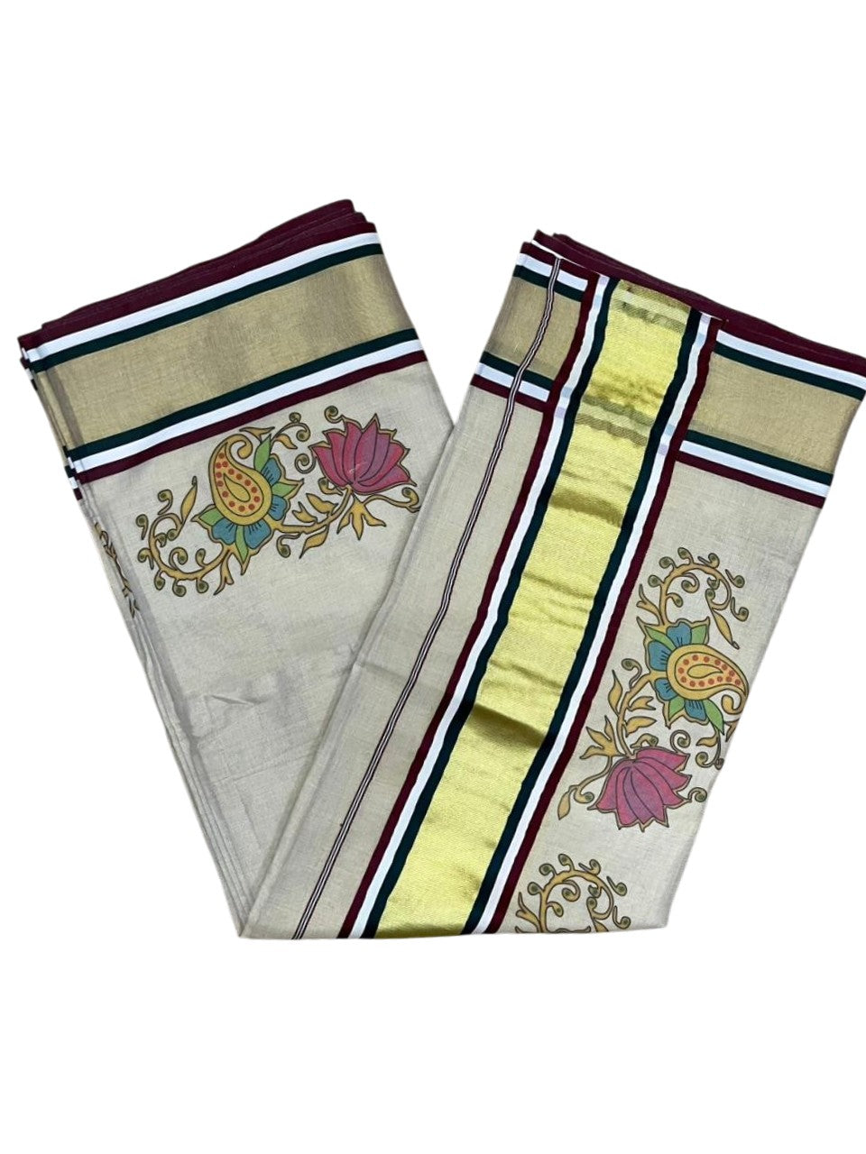 Southloom Kerala Tissue Kasavu Saree with Floral Digital Prints on Border SL428