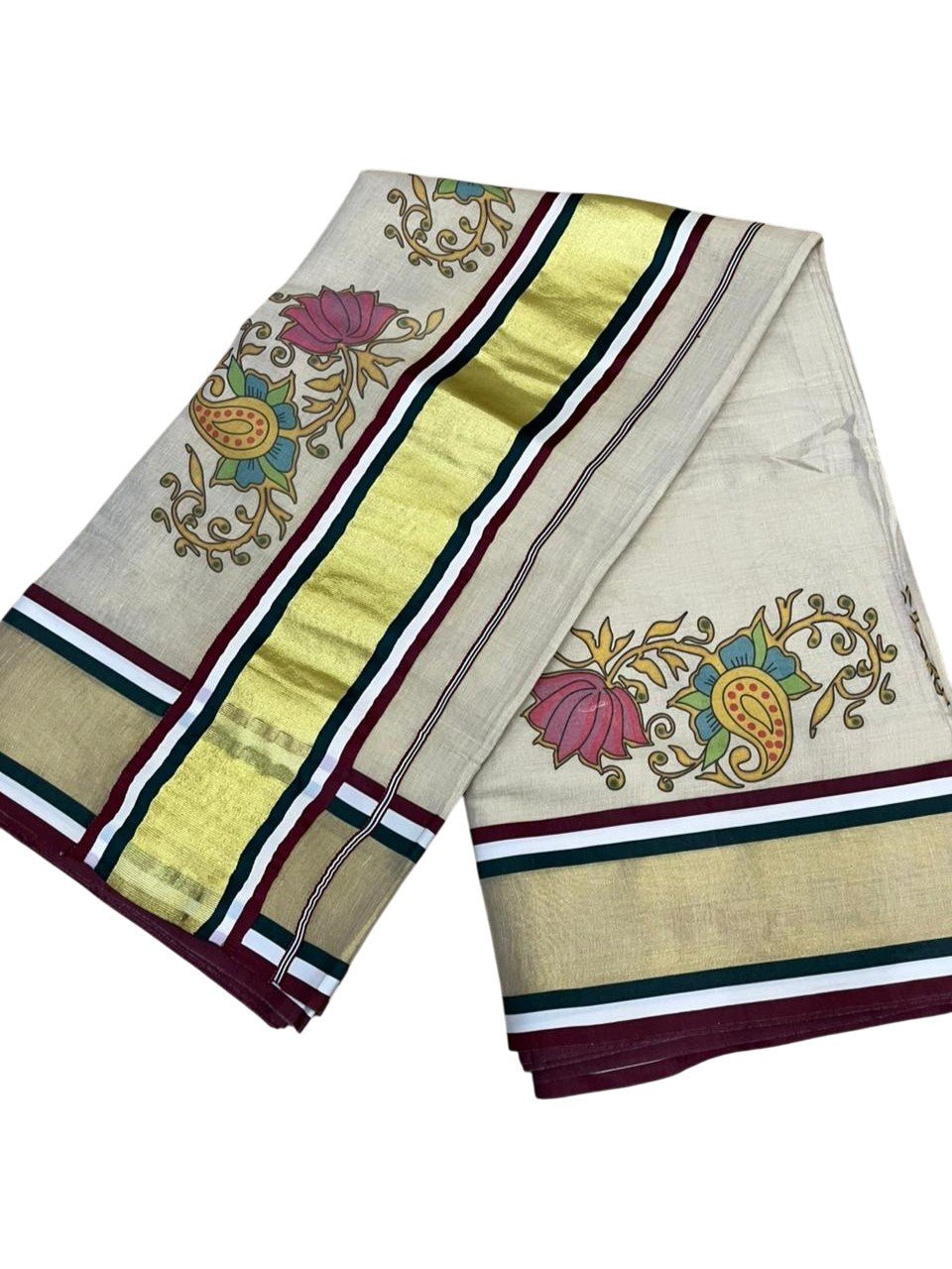Southloom Kerala Tissue Kasavu Saree with Floral Digital Prints on Border SL428
