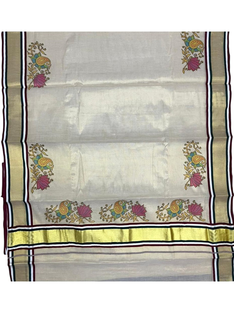 Southloom Kerala Tissue Kasavu Saree with Floral Digital Prints on Border SL428