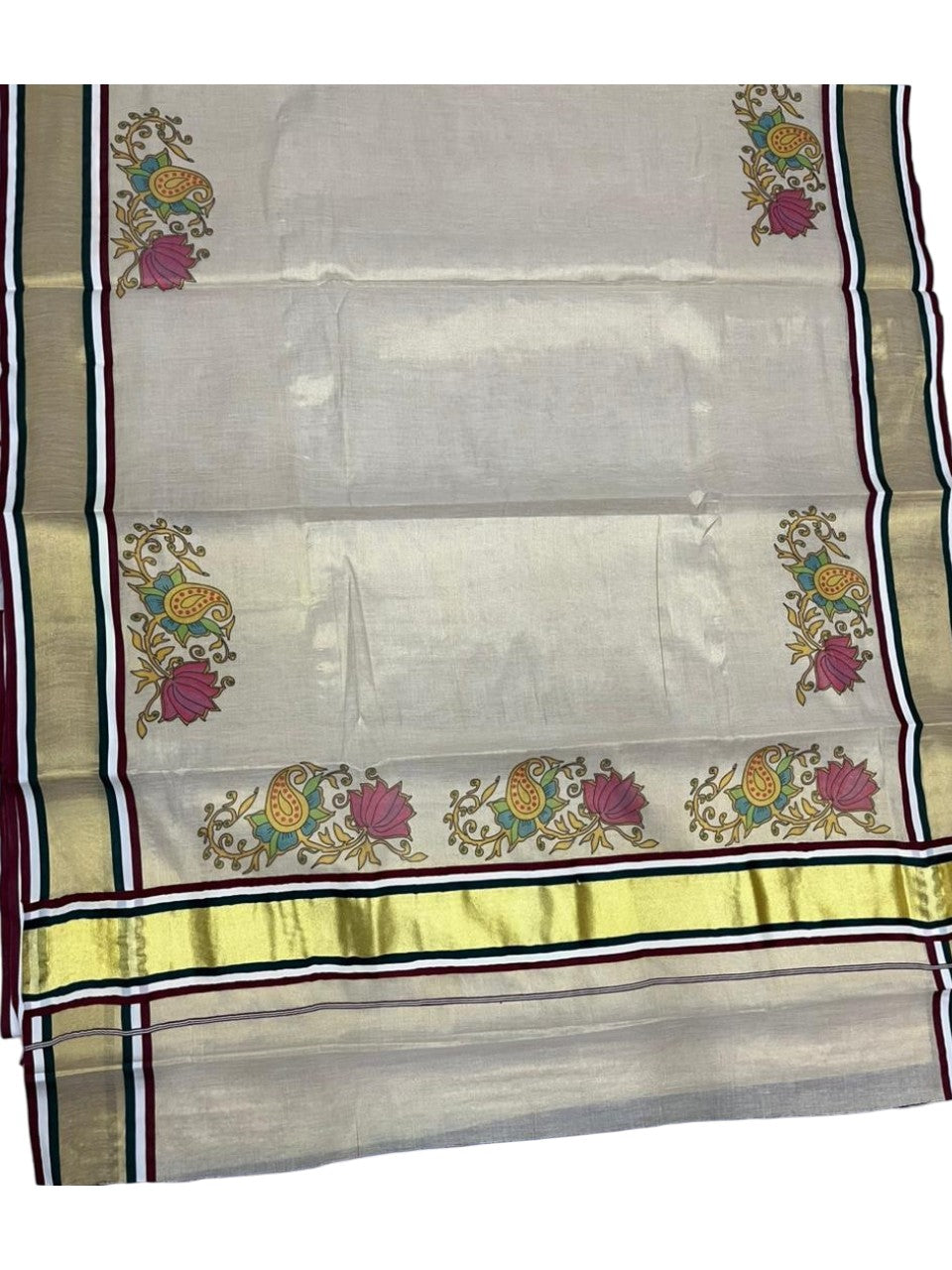 Southloom Kerala Tissue Kasavu Saree with Floral Digital Prints on Border SL428