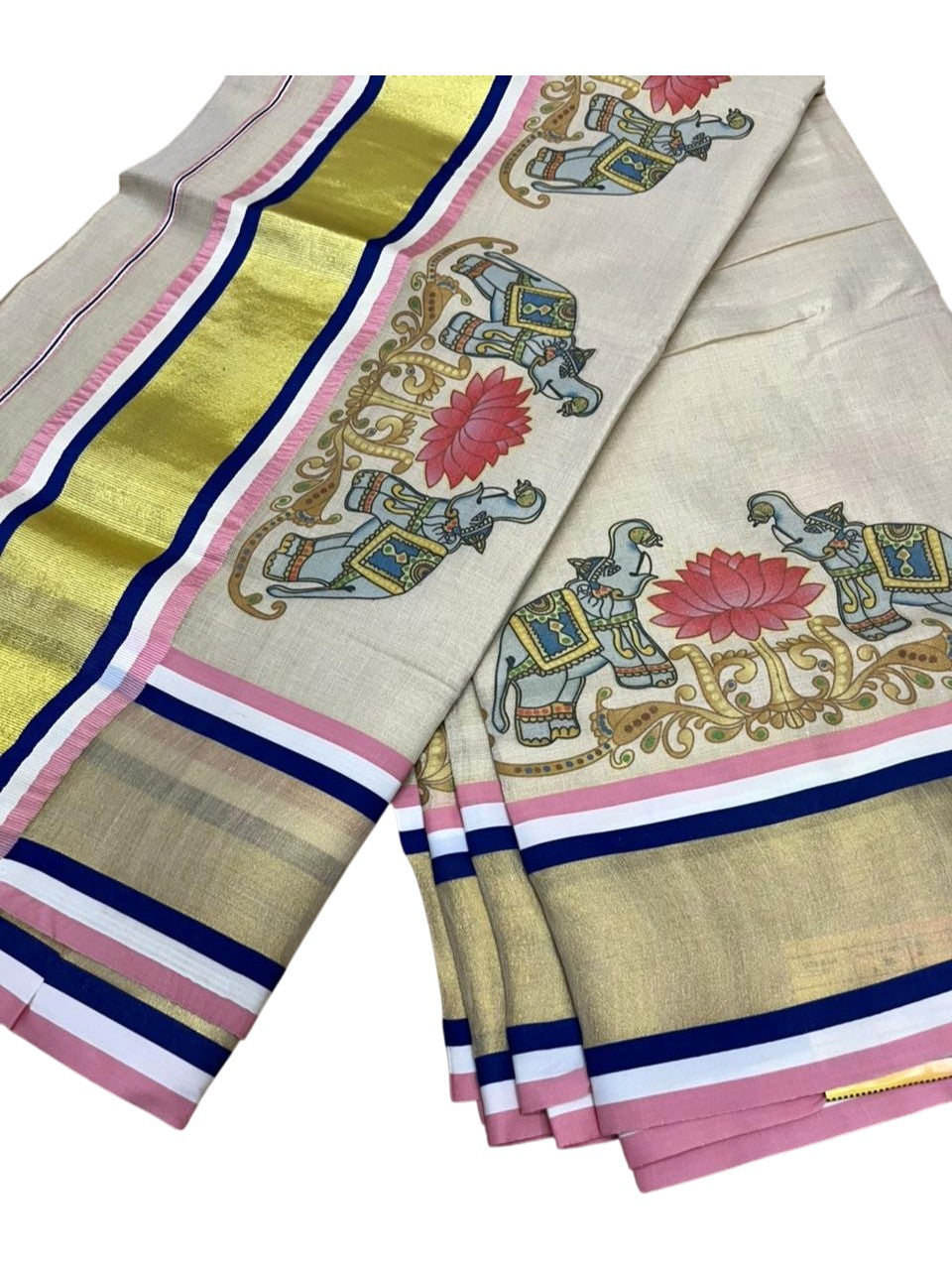Southloom Kerala Tissue Kasavu Saree with Elephant and Lotus Digital Prints on Border SL428