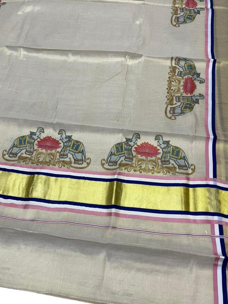 Southloom Kerala Tissue Kasavu Saree with Elephant and Lotus Digital Prints on Border SL428