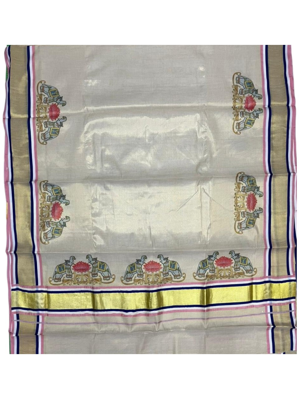 Southloom Kerala Tissue Kasavu Saree with Elephant and Lotus Digital Prints on Border SL428