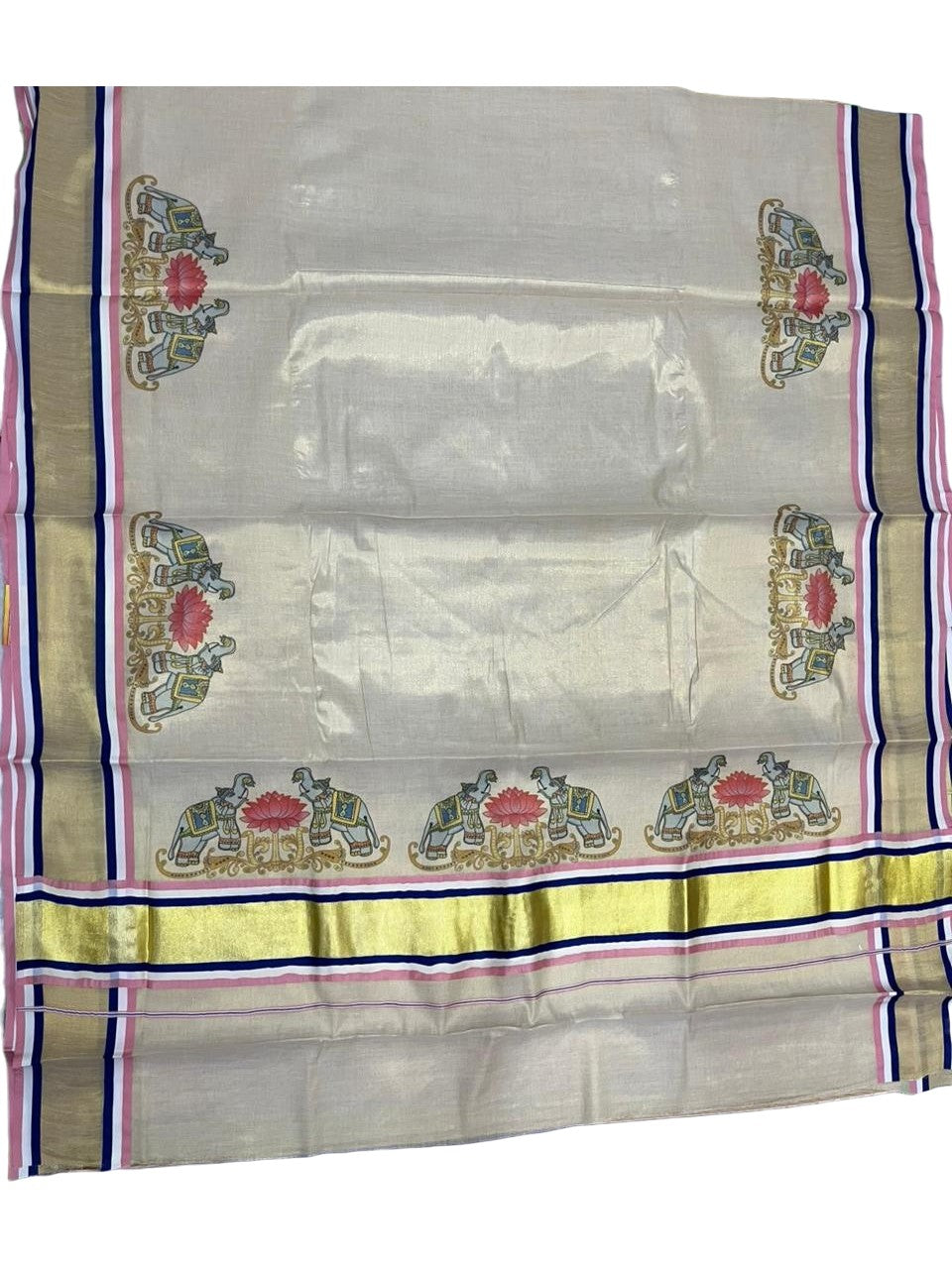 Southloom Kerala Tissue Kasavu Saree with Elephant and Lotus Digital Prints on Border SL428