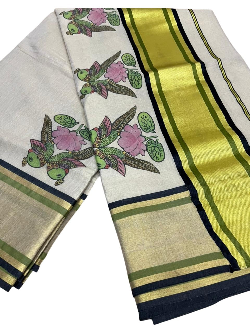 Southloom Kerala Tissue Kasavu Saree with Parrot and Lotus Digital Prints on Border SL428