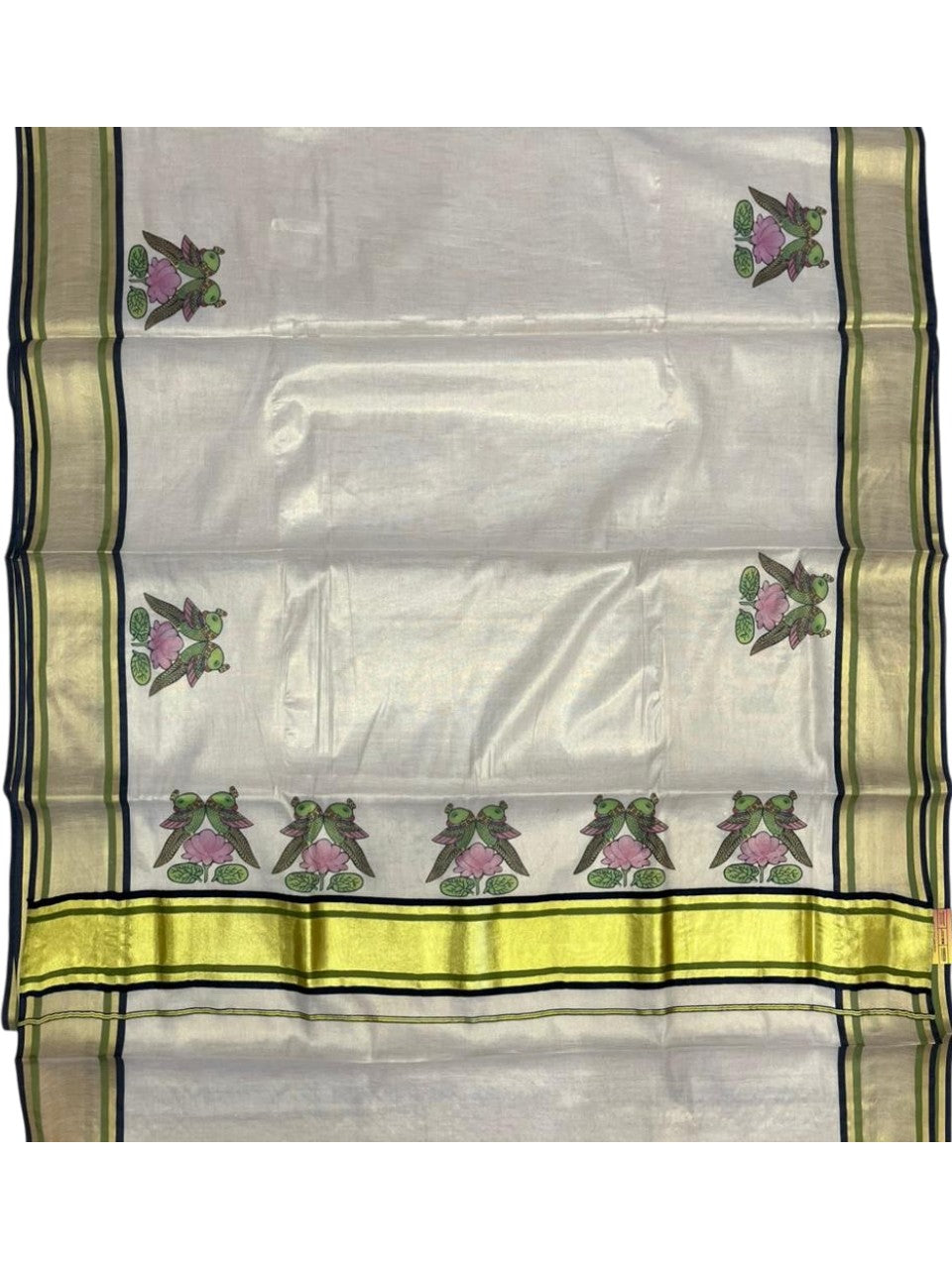 Southloom Kerala Tissue Kasavu Saree with Parrot and Lotus Digital Prints on Border SL428