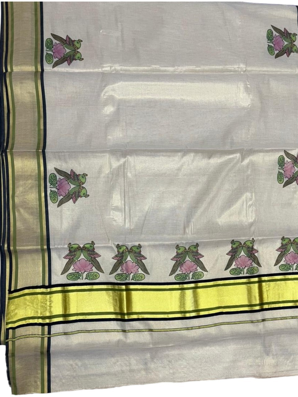 Southloom Kerala Tissue Kasavu Saree with Parrot and Lotus Digital Prints on Border SL428