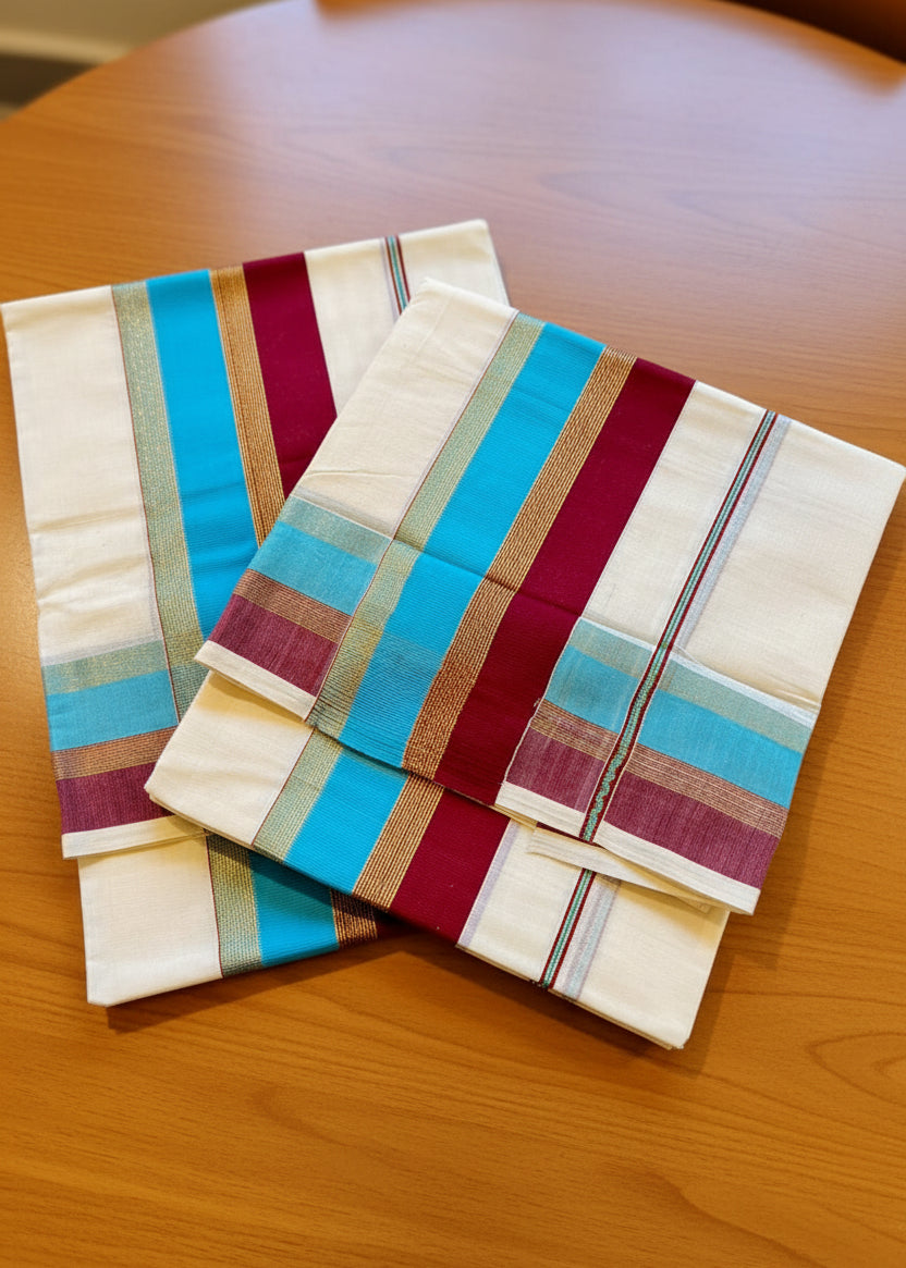 Kerala Cotton Blue & Maroon Kara With Golden Kasavu Single Set Mundu (2.80 mtrs) SL426