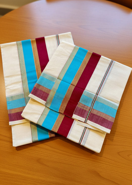 Kerala Cotton Blue & Maroon Kara With Golden Kasavu Single Set Mundu (2.80 mtrs) SL427