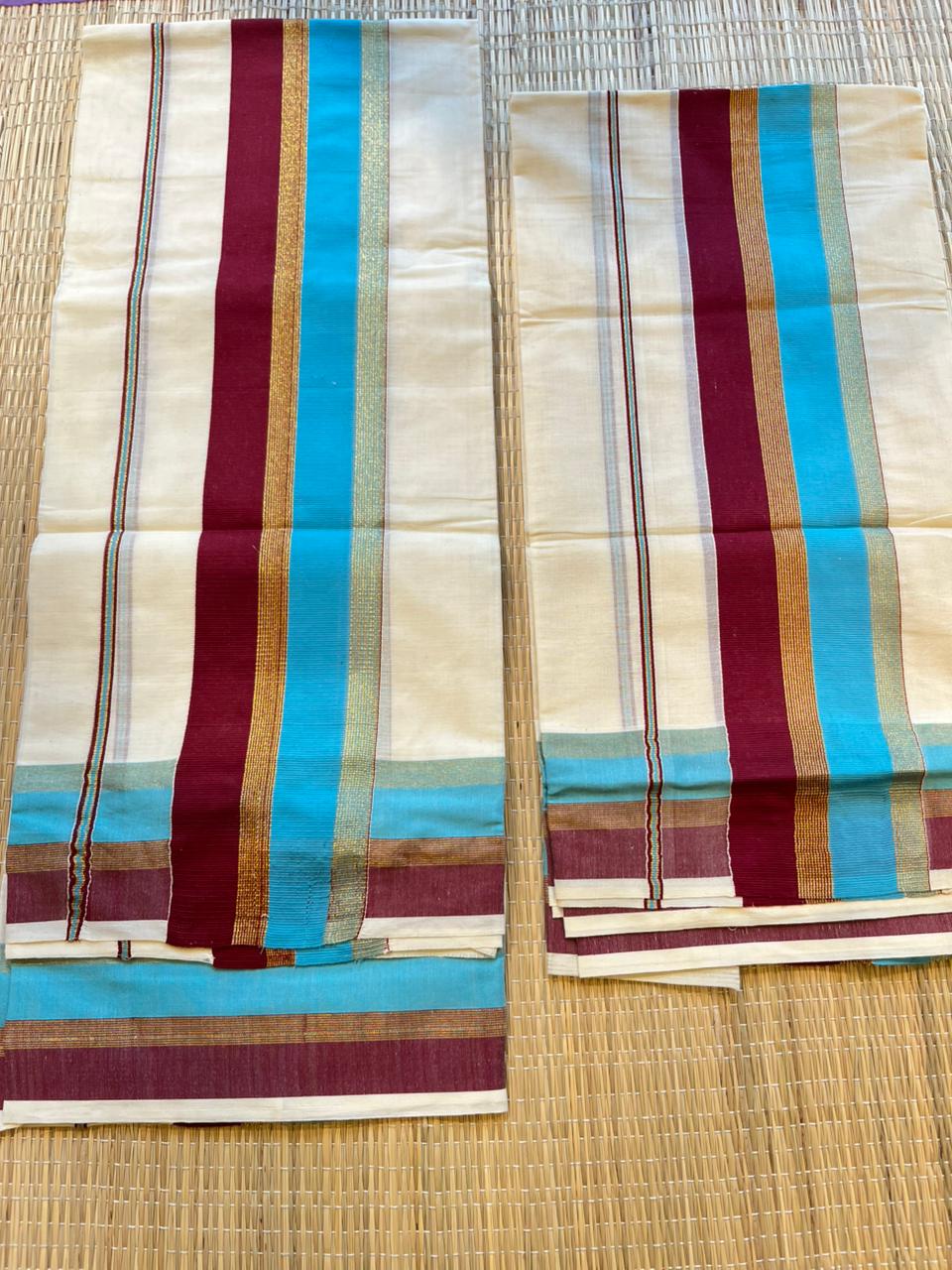 Kerala Cotton Blue & Maroon Kara With Golden Kasavu Single Set Mundu (2.80 mtrs) SL426