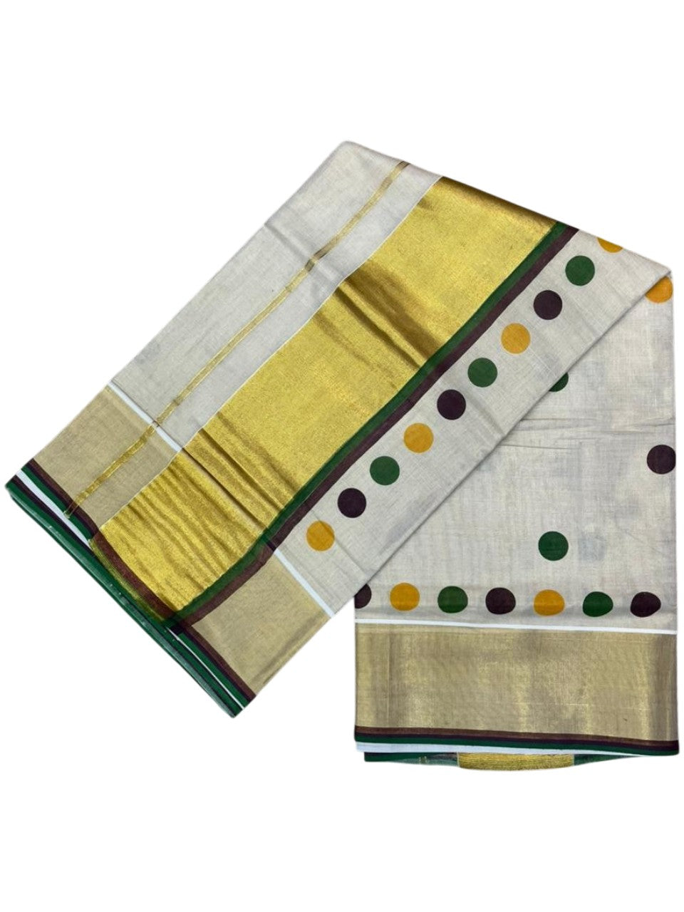 Southloom Kerala Tissue Kasavu Saree with Polka Dots on Body in Green and Brown SL429