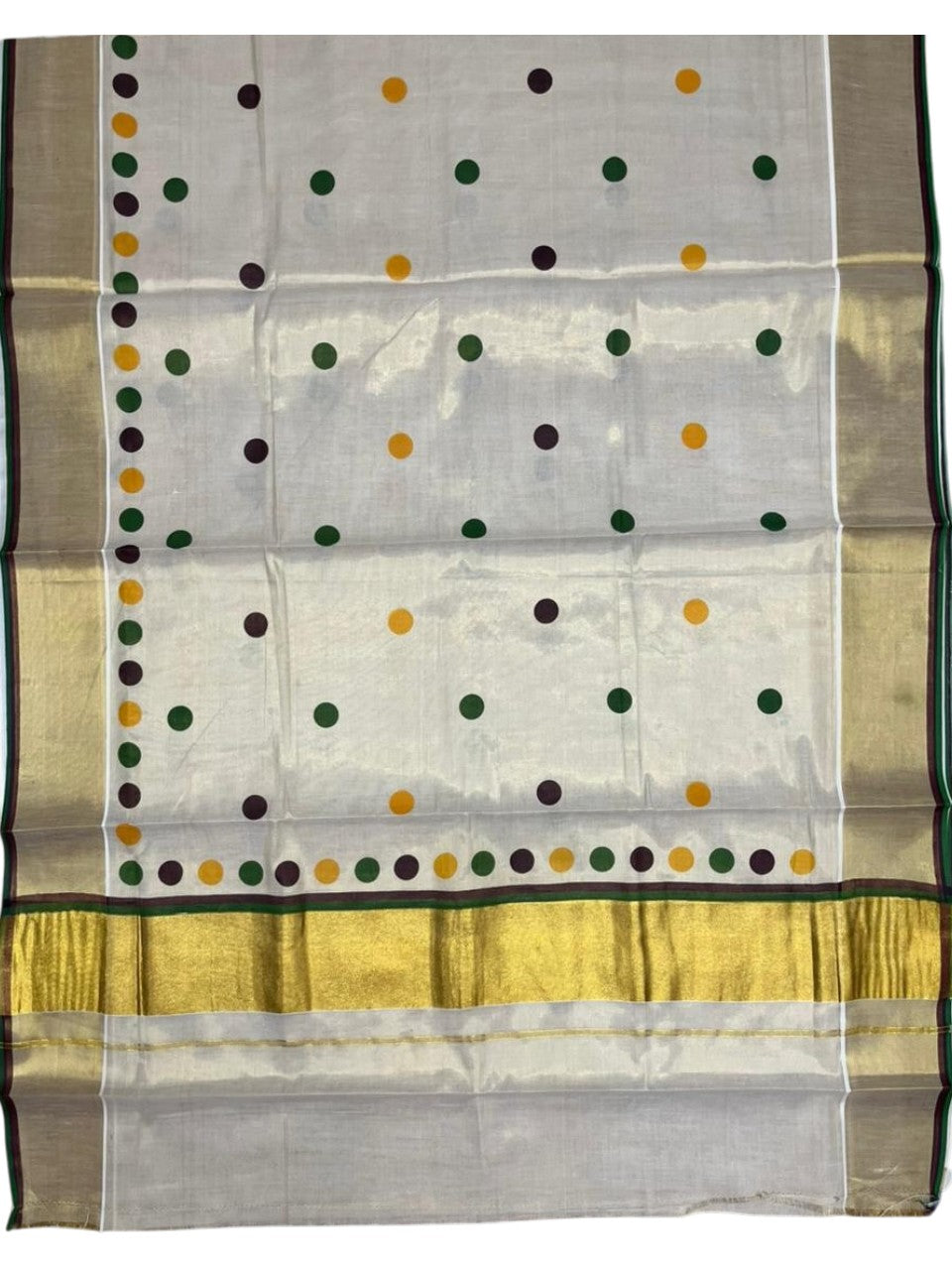 Southloom Kerala Tissue Kasavu Saree with Polka Dots on Body in Green and Brown SL429