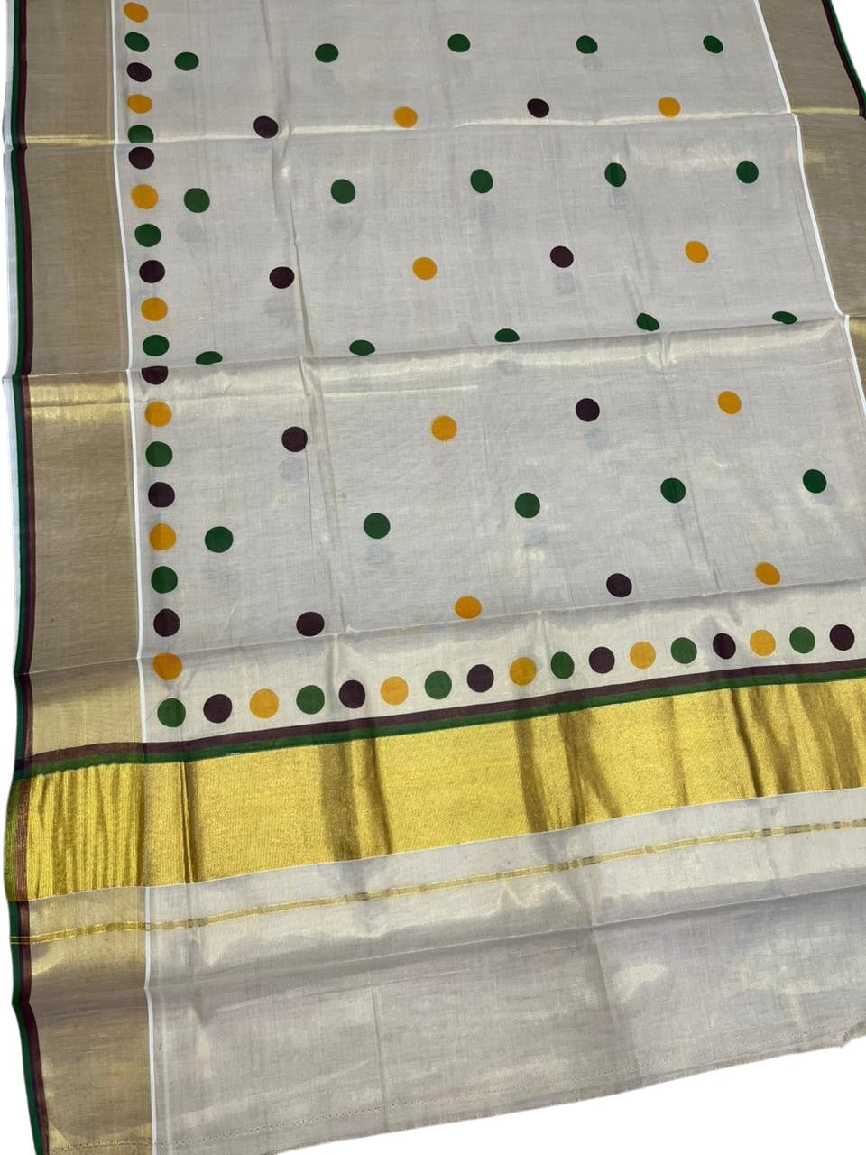 Southloom Kerala Tissue Kasavu Saree with Polka Dots on Body in Green and Brown SL429