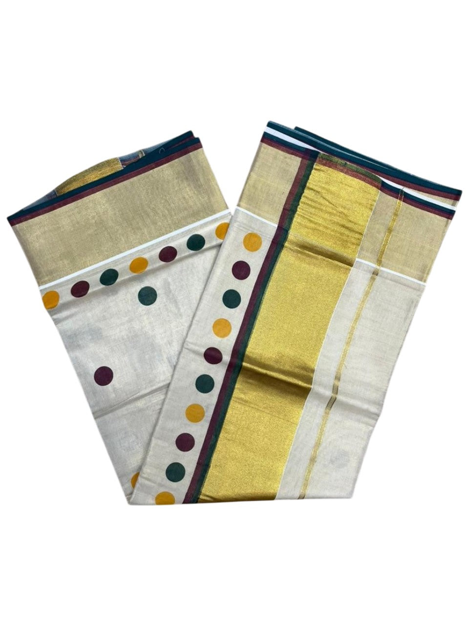 Southloom Kerala Tissue Kasavu Saree with Polka Dots on Body in Green and Maroon SL429