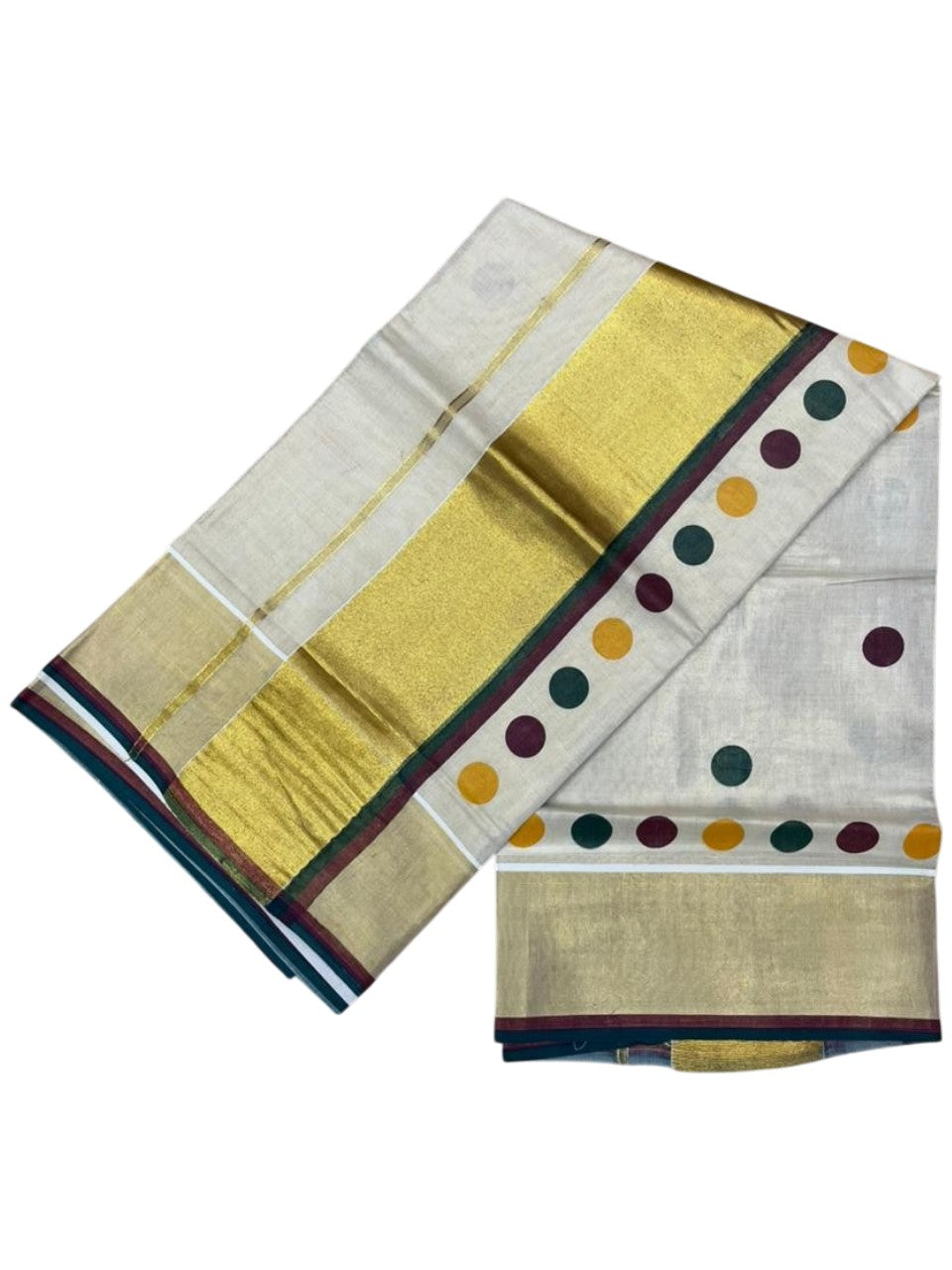 Southloom Kerala Tissue Kasavu Saree with Polka Dots on Body in Green and Maroon SL429