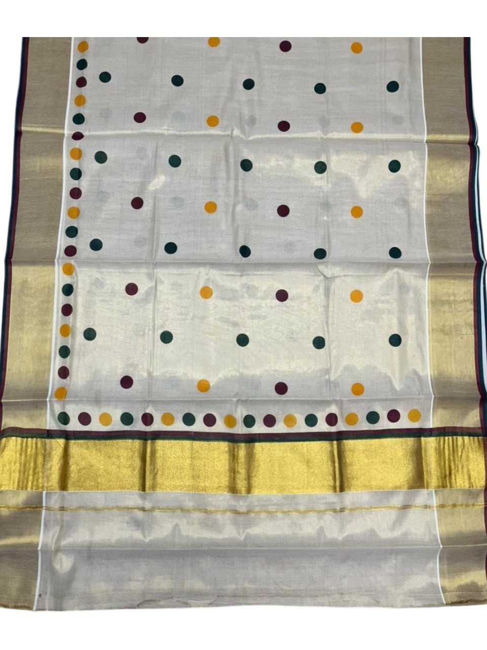 Southloom Kerala Tissue Kasavu Saree with Polka Dots on Body in Green and Maroon SL429